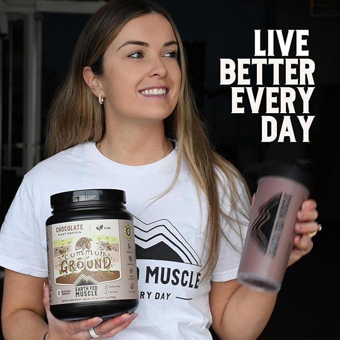Earth Fed Muscle Common Ground Plant Protein – Chocolate Plant Protein Powder with MCT Powder with Soy &amp Gluten Free No Added Sugar - 30 Servings