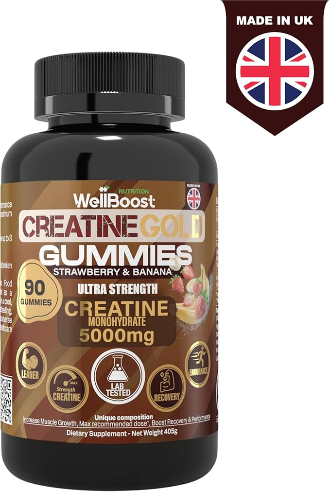 Creatine Gold – 5000mg Creatine Monohydrate Vegan Sugar-Free Gummies for Lean Muscle Growth Endurance Recovery &amp Energy (1 Month Supply) in Starwberry and Banana Flavour.