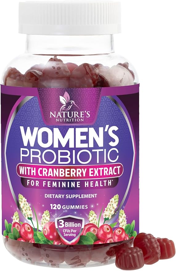 Nature's Nutrition Probiotics for Women Gummies with Cranberry - 6 Premium Strains for PH Balance Digestive Health Vaginal &amp Immune Support Women's Probiotic Gummy for Feminine Health - 120 Gum