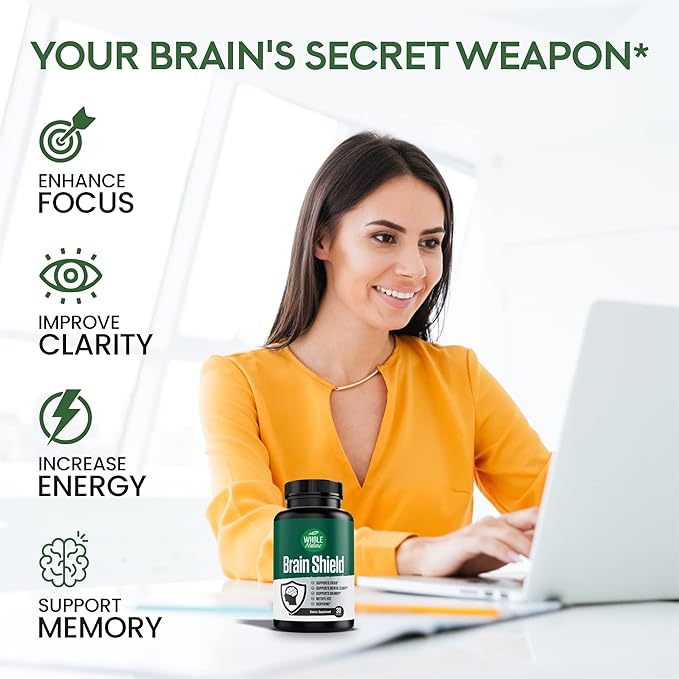 Brain Booster Nootropics - Brain Shield with Ginkgo Biloba Alpha GPC and Bacopa Monnieri Vitamin B12 B3 - Support Focus Memory &amp Clarity Energy &amp Stress Relief. (1)