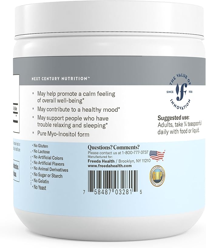 FREEDA Pure Myo-Inositol Powder – Vitamin B8 for Hormone Mood &amp Cellular Health – Supports Fertility Focus Energy &amp Nervous System Function – Kosher Vegan Non-GMO Gluten-Free (4 oz)