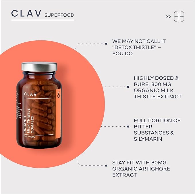 CLAV Organic Milk Thistle &amp Artichoke Extract Complex -Rich in Silymarin &amp Bitters - Liver Support + Detox Supplement - 120 Capsules (60 Days Supply) - Vegan - Made in Germany