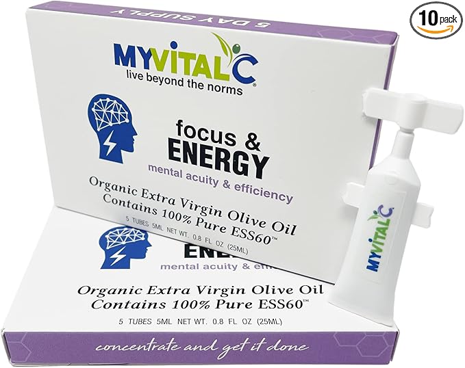 MyVitalC Pure ESS60 in Organic Extra Virgin Olive Oil | Focus and Energy Supplement for Nootropic Antioxidant Anti-Aging Focus Longevity &amp Immunity | 10 Day Supply 5ml Each