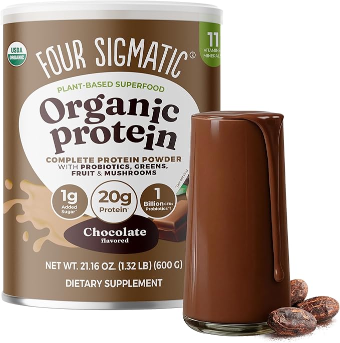 Four Sigmatic Organic Plant-Based Protein Powder | Clean Vegan Protein Elevated with Lion’s Mane Chaga Cordyceps and More for Brain Function and Immune Support | Creamy Cacao 21.16 oz
