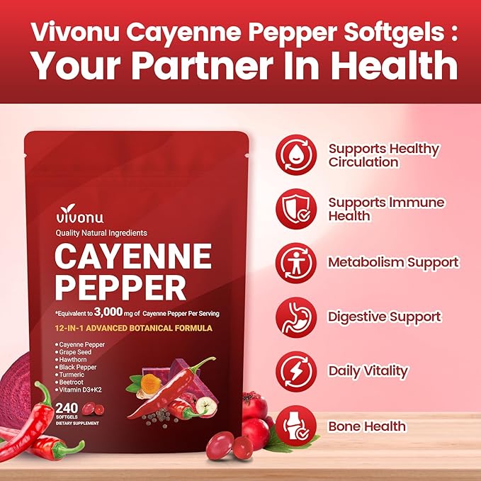 VivoNu Cayenne Pepper Softgels Supplement-Vitamin D3 K2 10000 IU with MK7-300
