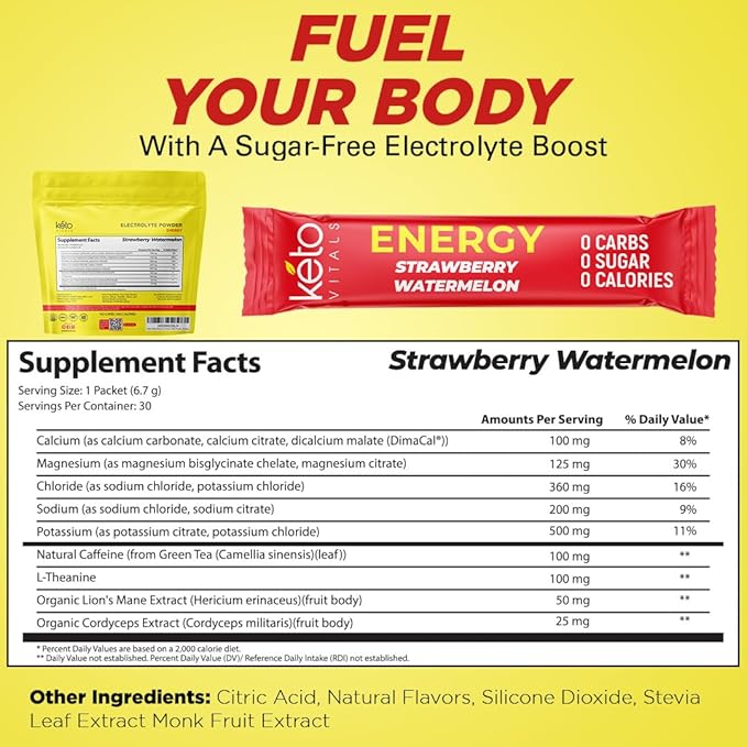 Keto Vitals Electrolyte Energy Drink Powder Packets - Electrolyte Supplement with 100mg Natural Caffeine L Theanine &amp Organic Lion's Mane Extract - Strawberry Watermelon Keto Powder Packets 30 C
