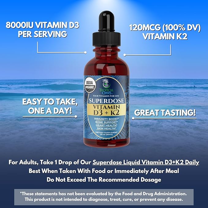 USDA Organic Liquid Vitamin D3 K2 Drops for Adults | Superdose 8000IU Pure Vitamin D3 | 60 Serv | Vitamin D K2 Supplement for Immune Support &amp Bone Health | 98% Absorption | Vegan Non-GMO | 2 Fl