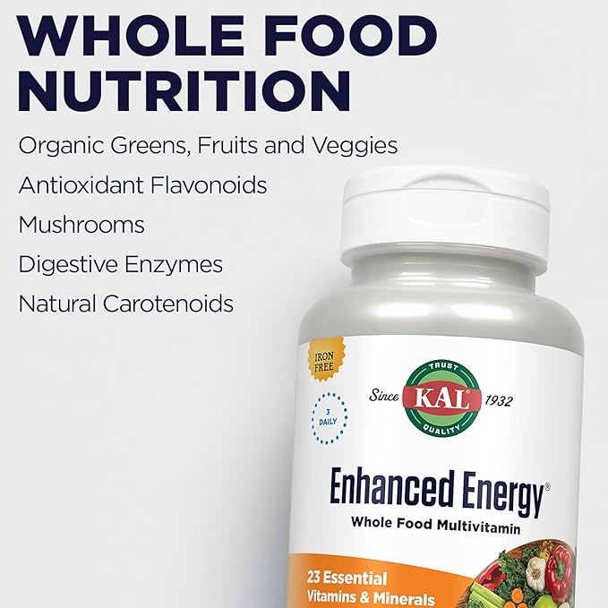 KAL® Enhanced Energy Multivitamin | Whole Food Based Vitamins &amp Minerals w/ Antioxidants Digestive Enzymes &amp Natural Carotenoids | 180 Capsules