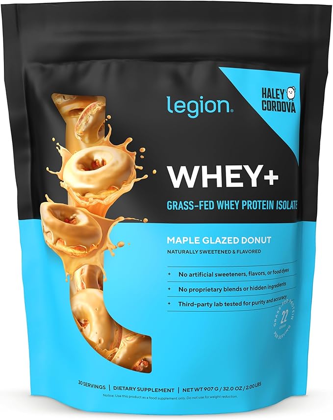 LEGION Whey+ Protein Whey Isolate from Grass Fed Cows - Whey Protein Isolate Powder Low Calorie Non-GMO Sugar Free Lactose and Gluten Free All Natural Protein Powder 30 Servings (Maple Doughnut)