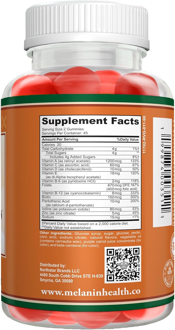 Melanin Health Women's Multivitamin Gummies – Immune Energy &amp Hair Skin Nails Support – Vitamins A C D3 E B6 B12 Biotin Zinc – Berry Flavor Non-GMO Gluten Free – 90 Gummies (45-Day Suppl