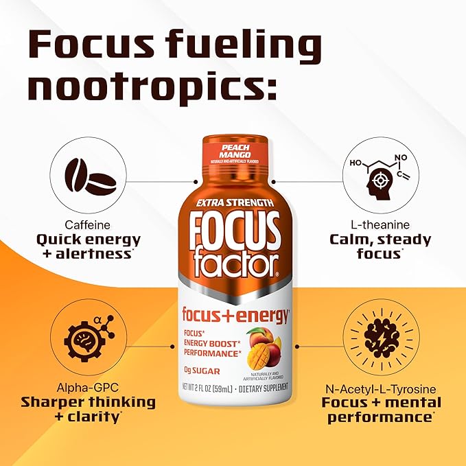 Focus Factor Extra Strength Focus + Energy Shots - 12 x 2oz Bottles (Peach Mango Flavor) - Powered by Nootropics with Caffeine L-Theanine Ginkgo Bacopa L-Tyrosine Alpha GPC