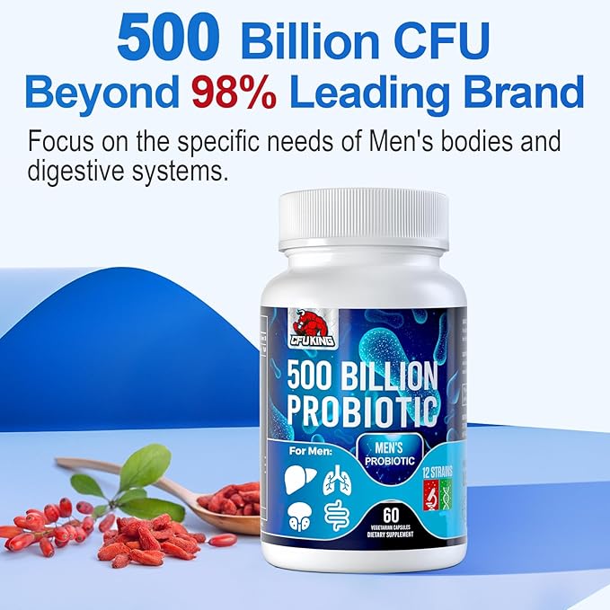 Probiotics for Men 500 Billion CFU &amp 12 Mens Probiotic for Digestive Health + 4 Organic Prebiotic Fiber for Digestive Gut Immune Health Bloating Gas Energy Support Shelf Stable - 60 Capsul