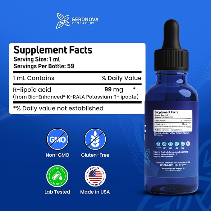 Geronova Research The R-Lipoic Solution 2 fl oz – Potassium-Stabilized R-Lipoic Acid Liquid for Healthy Aging Supports Nerve Health and Cellular Balance – Fast-Absorbing 3-Ingredient RLA Drops