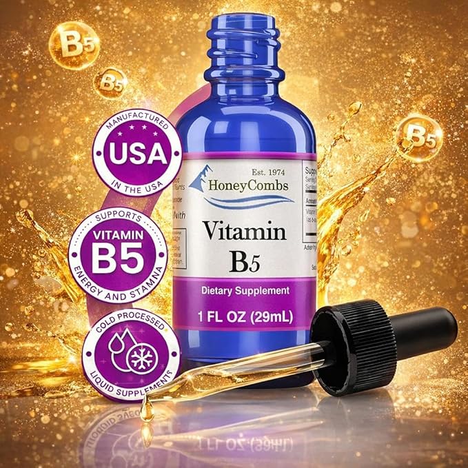 HoneyCombs Vitamin B5 Liquid Drops Pantothenic Acid 500% DV Liquid B5 Supplement Vegan Vitamin B Complex Liquid Fast Absorbing Vitamin Drops Daily Nutritional Support for Adults 1oz