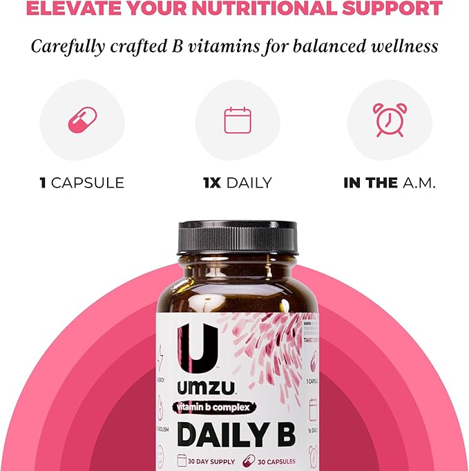 UMZU Daily B 30 Day Supply – Complete Vitamin B Complex Supplement Blend with B1 B2 B3 B5 B6 B7 B9 &amp B12 Plus Folic Acid &amp Biotin – Supports Energy Focus Mood Metabolism &amp Overal