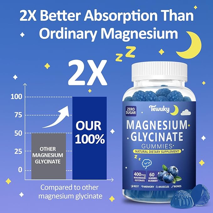 Magnesium Glycinate Gummies 400mg - Sugar Free Vegan Gummies for Adults &amp Kids with Vitamin D3 B6 C CoQ10 Collagen Zinc - Sleep Muscle Bone &amp Memory Support - 60 Blueberry Chewables / 2