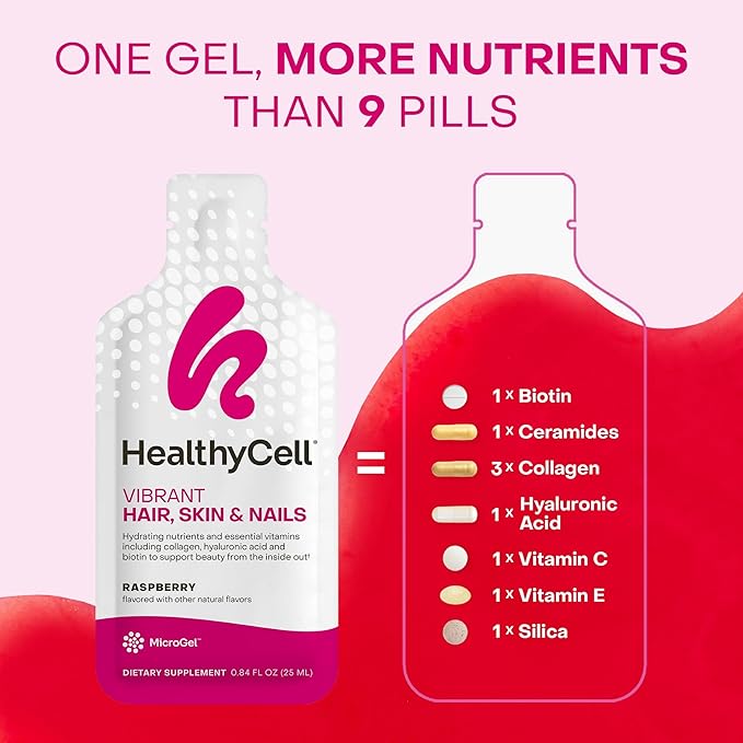 Healthycell Vibrant Hair Skin &amp Nails Daily Liquid Supplement - Beauty Supplements with Hydrating Nutrients &amp Essential Vitamins - Collagen Biotin &amp Hyaluronic Acid - 30 Gel Packs