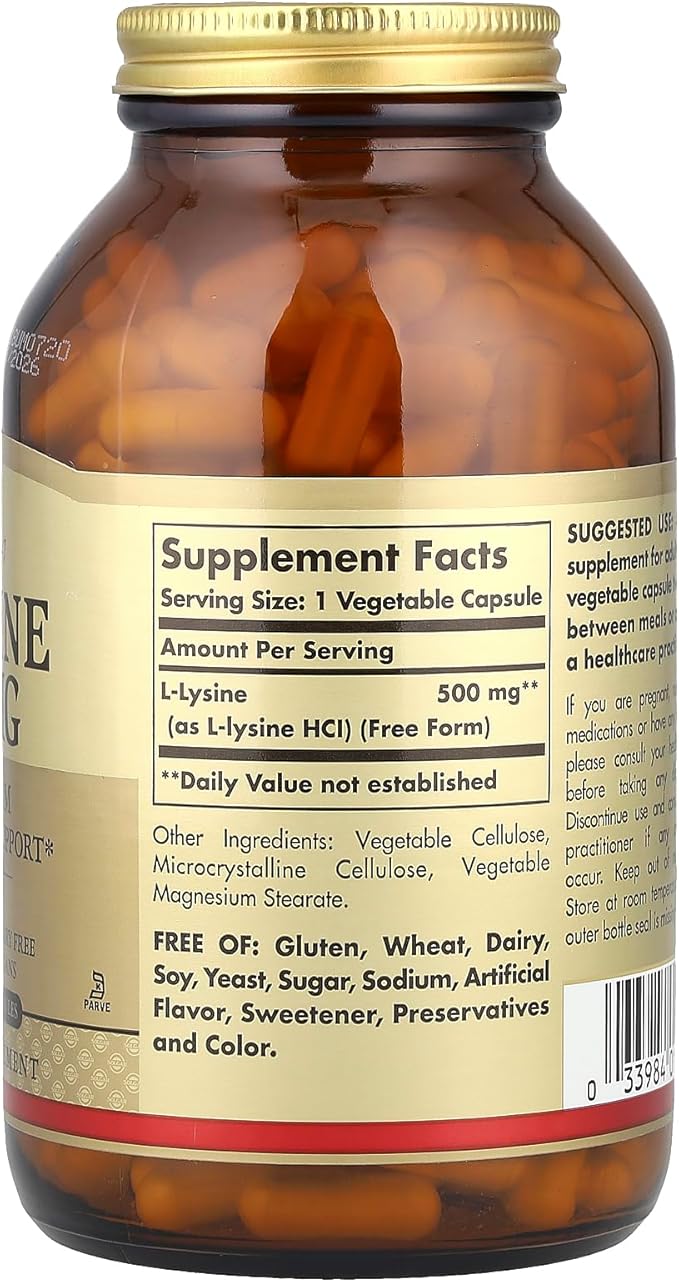 Solgar L-Lysine 500 mg 250 Vegetable Capsules - Enhanced Absorption &amp Assimilation - Promotes Integrity of Skin &amp Lips - Collagen Support - Amino Acids - Non-GMO Vegan Gluten Free