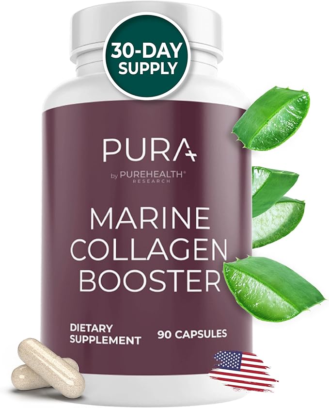 PUREHEALTH RESEARCH Marine Collagen Booster - for Skin Hair &amp Nails Health - for Smooth Bright &amp Plump Skin Support - with MoriKol® Marine Collagen Tripeptides Hyaluronic Acid &amp More -