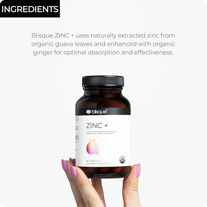 Blisque – Organic Zinc Supplement Sourced from Guava Leaves | for Immune Support Defense and Boost | with Ginger Extract | 90 Capsules