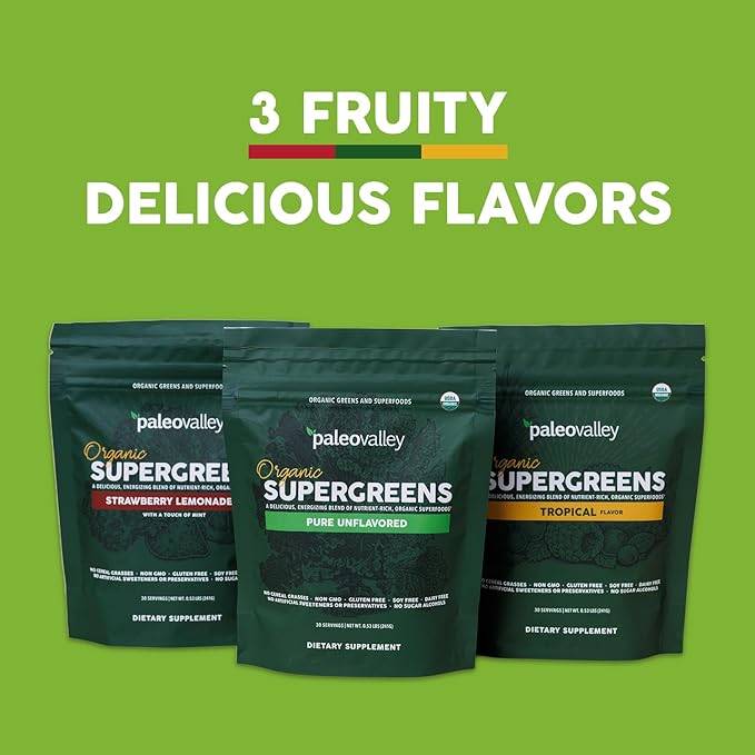 Paleovalley Organic Supergreens Powder - 23 Superfoods with Prebiotic Fiber for Energy and Immunity Support - No Cereal Grasses for Maximum Absorption - Tropical 30 Servings