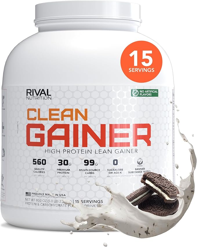 RIVAL NUTRITION Clean Gainer Protein Powder – 5LB Cookies and Cream – High Protein Lean Mass &amp Weight Gainer | 560 Calories 30g Protein 99g Multi-Source Carbs No Artificial Flavor – 15 Servings