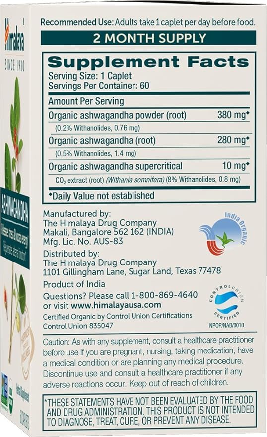 Himalaya Organic Ashwagandha Root 120 Day Supply - Herbal Adrenal Support Supplements for Stress Relief and Energy Support - USDA Organic Non-GMO Vegan Gluten Free 60 Caplets 2 Pack
