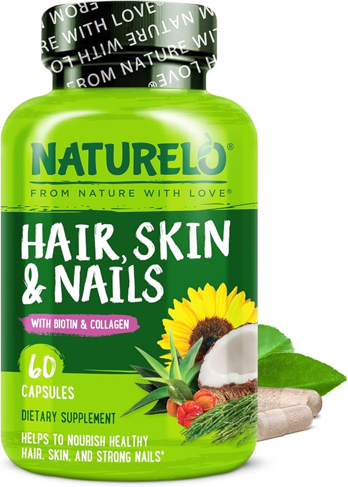 NATURELO Hair Skin and Nails Vitamins - 5000 mcg Biotin Collagen Natural Vitamin E - Supplement for Healthy Skin Hair Growth for Women and Men – 60 Capsules