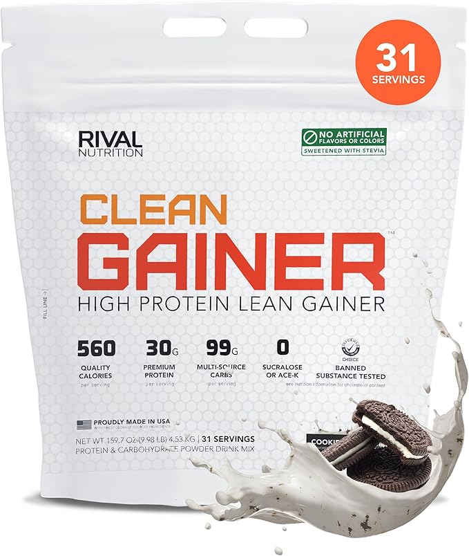 RIVAL NUTRITION Clean Gainer Protein Powder - 10LB Cookies and Cream - High Protein Lean Mass &amp Weight Gainer | 560 Calories 30g Protein 99g Multi-Source Carbs No Artificial Flavor – 31 Serving