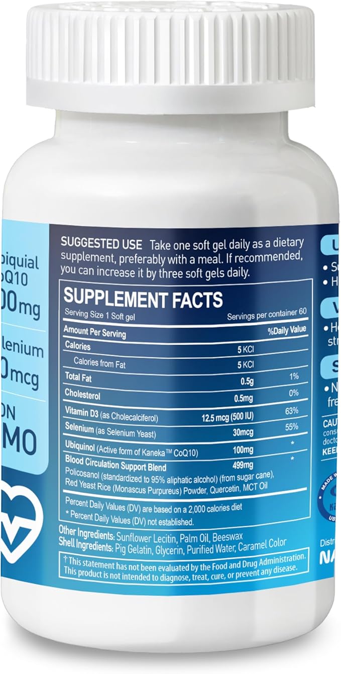 Ubiquinol CoQ10 Plus 100 – Kaneka Ubiquinol Vitamin D3 Selenium Circulation Support Blend – 100mg CoQ10 Supplement 60 Softgels 60-Day Supply