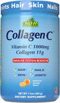 ALFA VITAMINS CollagenC Hydrolysate Peptides Powder Supplement with 1000mg Vitamin C - Premium Quality Source of Nutrients - Skin Hair Nails Immune Boost &amp Joints Support - Orange Flavor -11 O