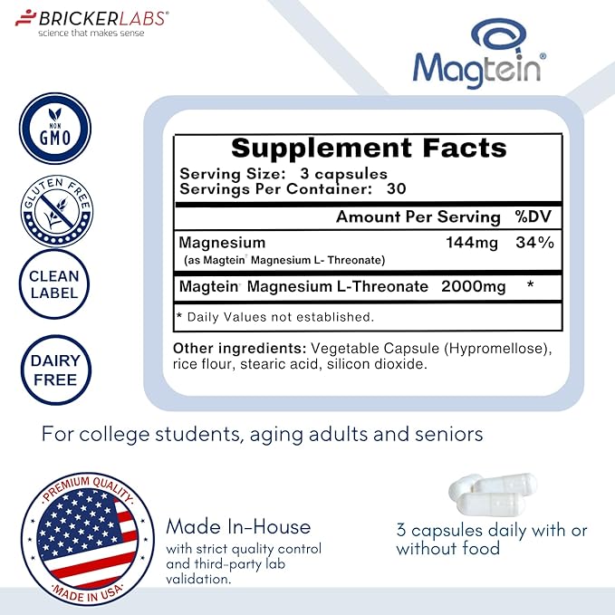 Bricker Labs Magtein® Magnesium L-Threonate Supplement – Brain Health Memory Focus Learning &amp Cognitive Function Support – 90 Capsules 30 Servings