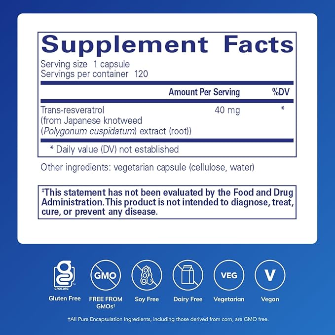 Pure Encapsulations Resveratrol - Cardiovascular Cellular Health &amp Memory Support* - 40 mg Trans-Resveratrol - Antioxidants Supplement - Gluten Free &amp Non-GMO - 120 Capsules