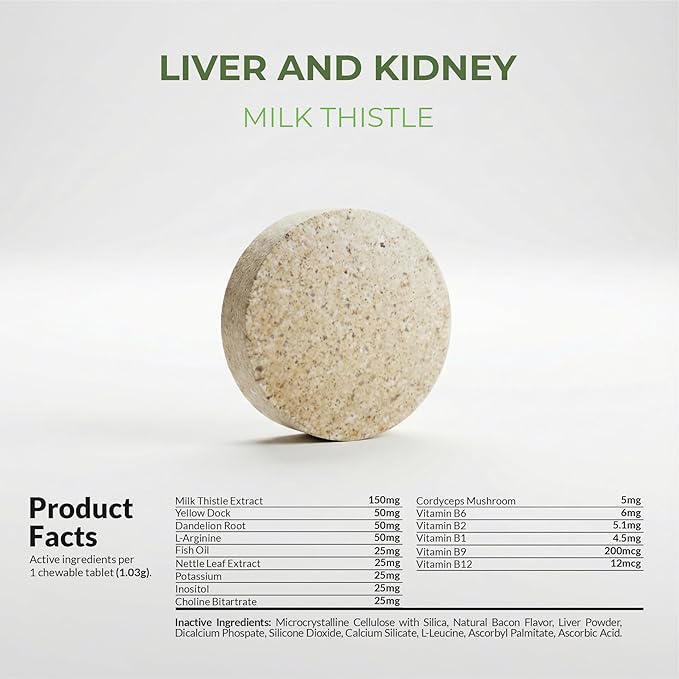 Milk Thistle for Dogs - 120 Chewable Tablets - Silymarin - Liver and Kidney Support with EPA &amp DHA - Detox - Liver Supplement for Dogs with Choline and L-Arginine (Milk Thistle Tablet)