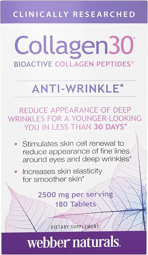 Webber Naturals Collagen30 Anti-Wrinkle 2500mg of Bioactive Collagen Peptides Per Serving (3 Tablets) 180 Tablets Helps Reduce Deep Wrinkles Fine Lines Non GMO Dairy Gluten Free