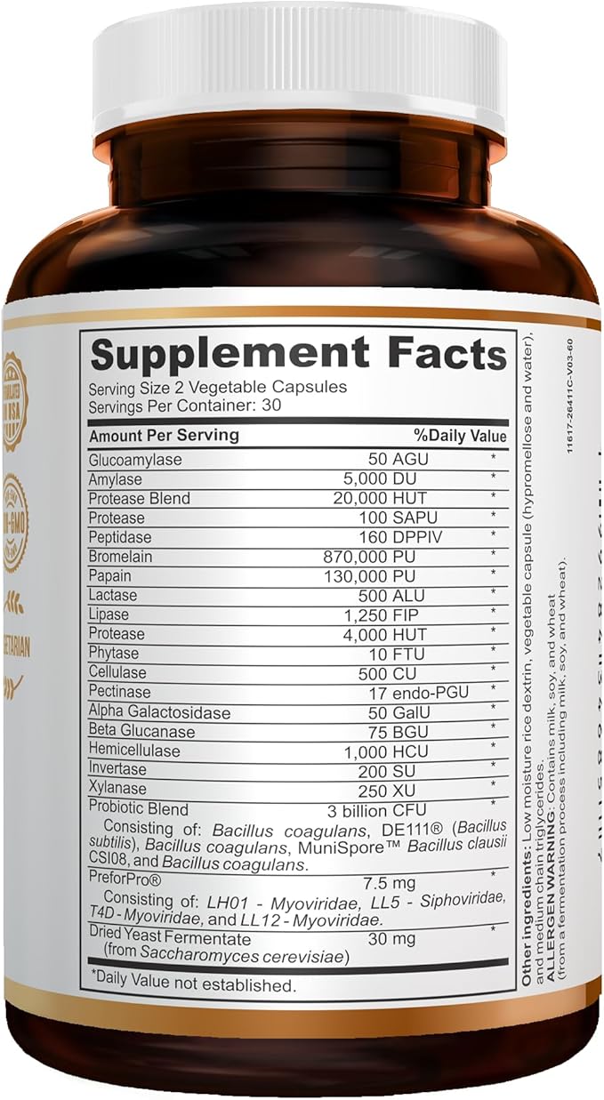 GUT GOLD 5-in-1 Digestive Enzymes Probiotics PreForPro™ Prebiotics Postbiotics Yeast Fermentate &amp Immune Support - For Women's &amp Men's Gut Health - Non-GMO Vegetarian capsules.