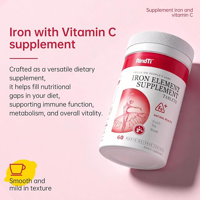 Daily Iron Supplement Tablets Iron 60 mg with Vitamin C 250 mg Support The Production of Healthy Red Blood Cells Gentle Absorption Formula 60 Servings