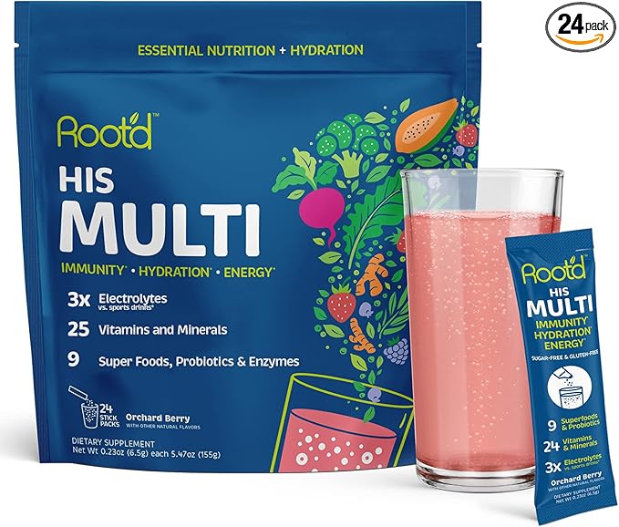 Root'd Multivitamin Powder with 3X Electrolytes for Men - 24 Vitamins &amp Minerals 3X Electrolytes 9 Superfoods Probiotics &amp Enzymes Sugar-Free Multivitamin &amp Hydration | 24 Packets