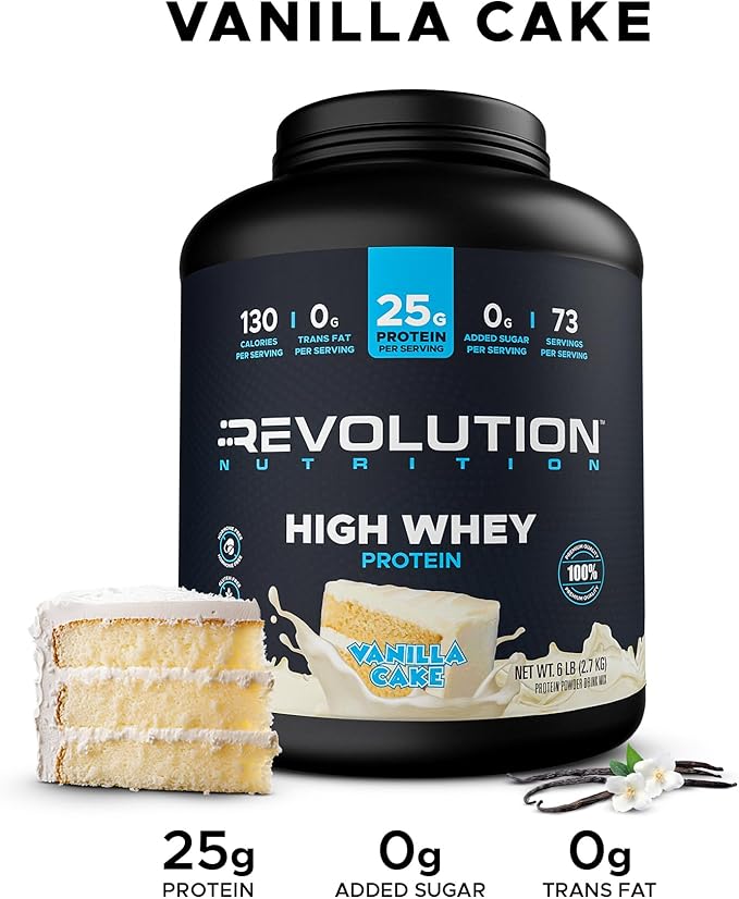 Revolution Nutrition High Whey Protein Powder 6LB Whey Isolate Gluten Free Lean Muscle Mass for Men &amp Women 25g of Protein Per Scoop 2.7kg 73 Servings (Vanilla Cake 6 Pound)