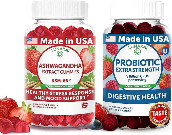 Lunakai USA Made Ashwagandha KSM-66 &amp Probiotic Gummies Bundle – Daily Mood &amp Digestive Support – 60 Non-GMO Gummies Each