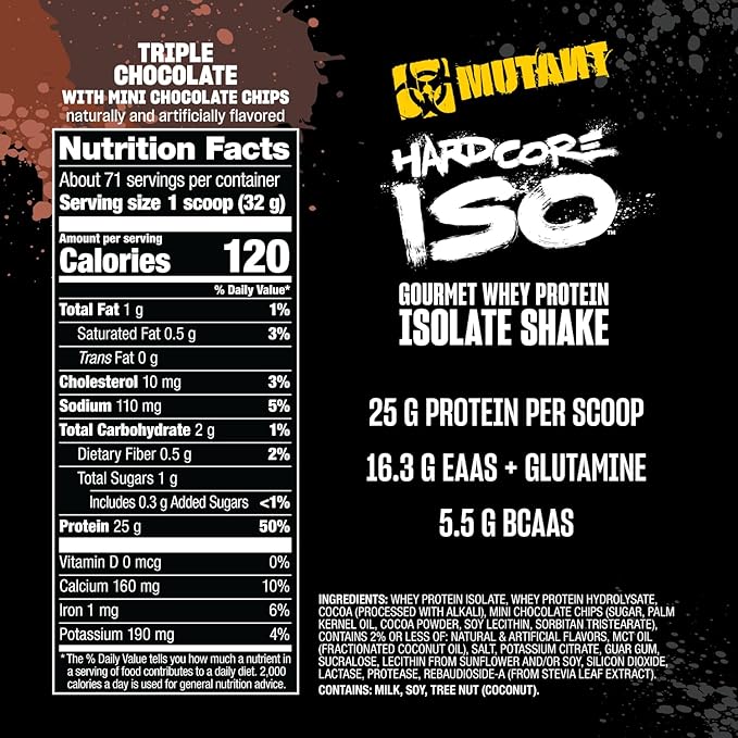 Mutant Hardcore ISO Whey Protein Isolate Powder Acts Fast to Help Recover Build Muscle Bulk and Strength 5 lb - Triple Chocolate