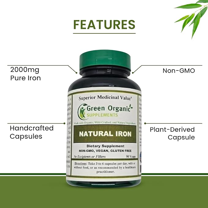(Pack-2) Green Organic Supplements' Iron 2000mg 180 Hand Made Vegan Non-GMO &amp Gluten Free Natural Iron Capsules