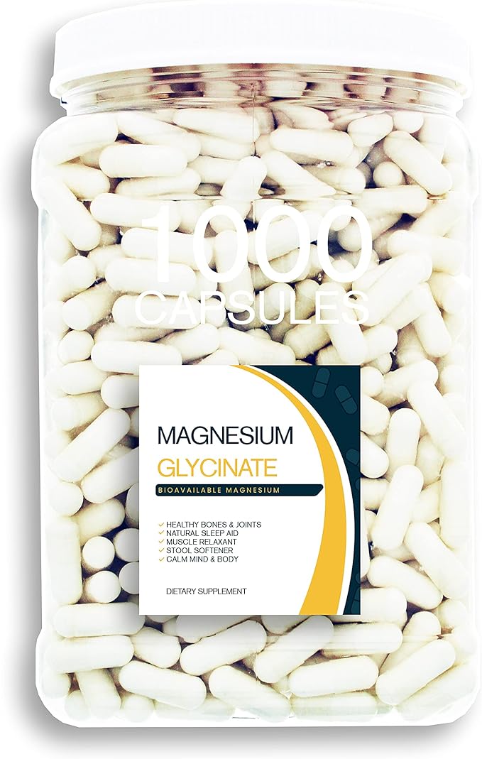 Magnesium Glycinate - 1000CT 400 mg Pure Mg2+ per Serving complexed with Glycine for Maximal Absorption in a Clear Square Grip Jar