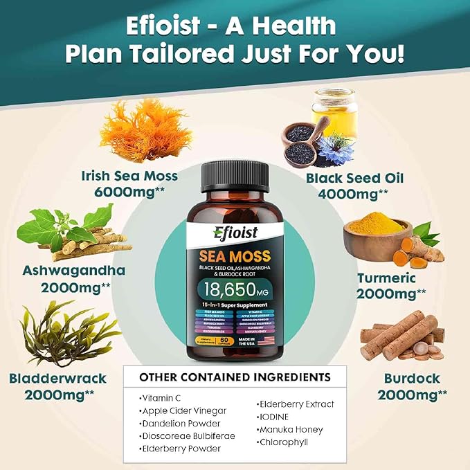 Sea Moss 6000mg Black Seed Oil 4000mg Ashwagandha 2000mg &amp Burdock Root/Turmeric/Bladderwrack 18650mg Sea Moss Supplement Seamoss Black Seed Oil Ashwagandha Ginger 120 Count