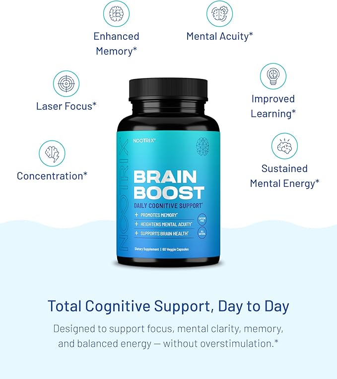 Nootrix Brain Boost Nootropic Supplement | Supports Memory Mental Focus Cognitive Health &amp Energy | Caffeine-Free Promotes Healthy Mood &amp Brain Function w/Gingko Biloba &amp DMAE | 240 Cap