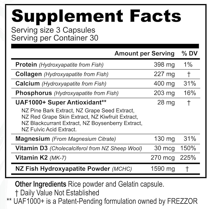 FREZZOR Calcium Plus with UAF1000+ Super Antioxidant for Bones Health &amp Bone Density Supports Healthy Body Weight Optimal Ratio of Essential Bone Building Minerals NZ Made 540 caps 6 Month Su