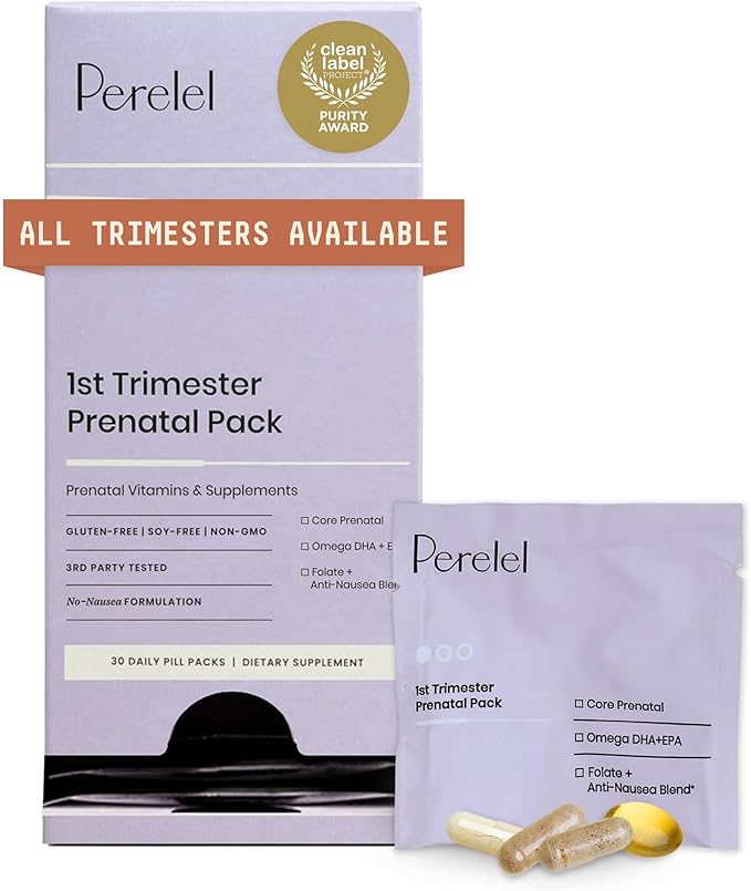 Perelel 1st Trimester Prenatal Pack Multivitamin with Folate Vitamin D Omega 3 Iron &amp Ginger Nutritional Support for Early Pregnancy Soy &amp Gluten Free Non GMO 30 Daily Pill Packs