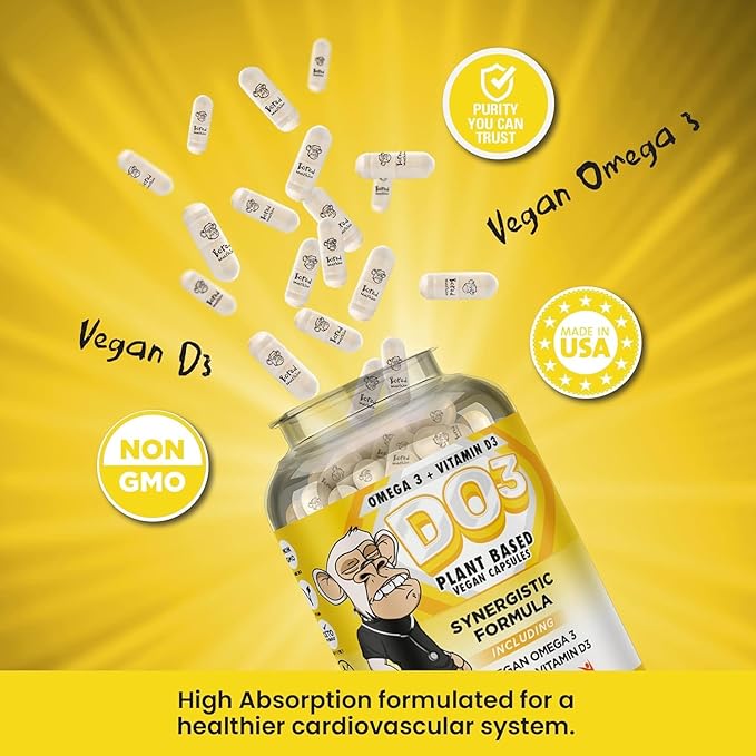 DO3 Vegan Omega 3 and Vitamin D3 Supplement - 90 Capsules - 2 Pack - Fish Oil Alternative- DHA &amp EPA Omega D3 Supplement - May Support Heart Brain and Joint Health - 2 in 1 Formula - Bored Nutrit
