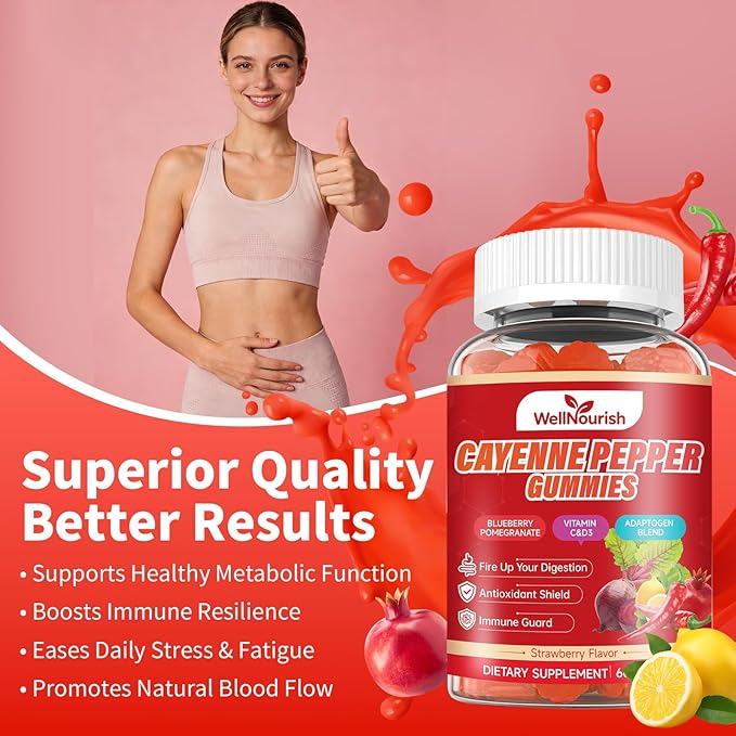 Cayenne Pepper Gummies with Beetroot Fruit Powder Vitamin C and Vitamin D3 Delicious Strawberry Flavor Sugar-Free Chewable Dietary Supplement for Immune Support and Overall Daily Wellness (2 Pack)
