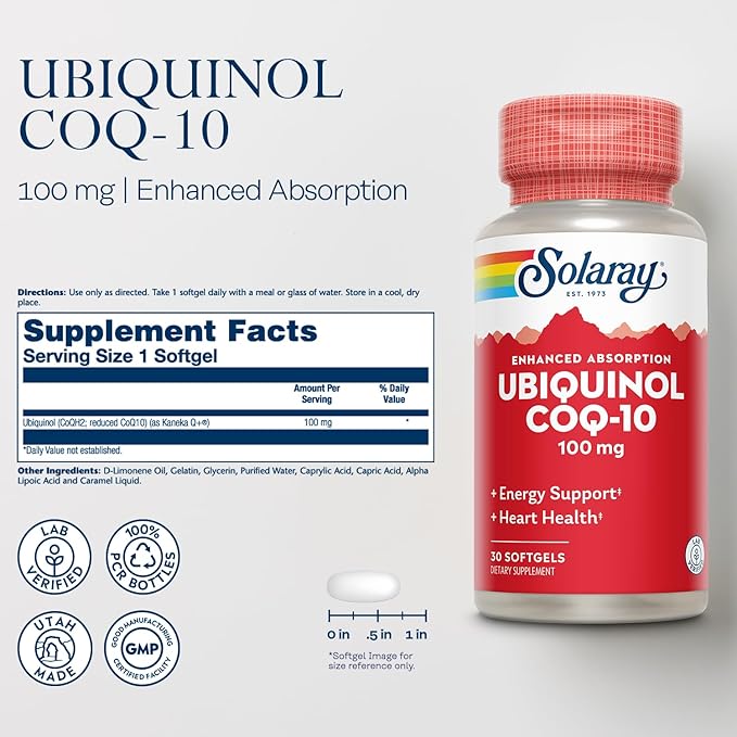Solaray Ubiquinol CoQ-10 100mg Enhanced Absorption Softgels - Ubiquinol CoQ10 Supplement for Men &amp Women Coenzyme Q10-30 Softgels